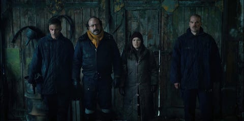 stranger things l to r tom wlaschiha as dmitrti, brett gelman as murray bauman, winona ryder as joyce byers, and david harbour as jim hopper in stranger things cr courtesy of netflix © 2022