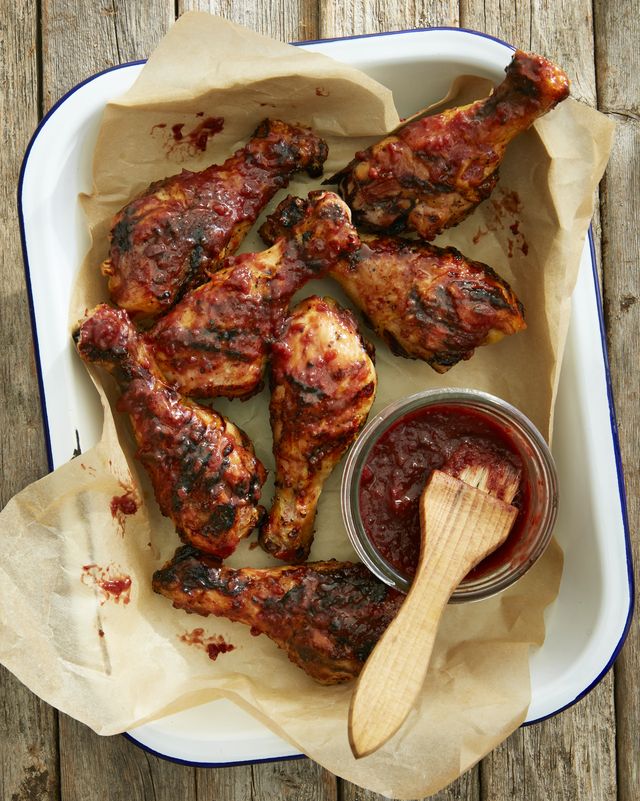 chicken drumsticks coated in a strawberry cabernet barbecue sauce