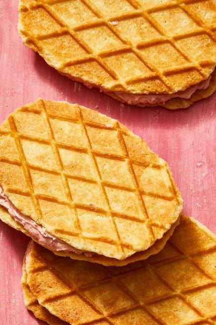 waffle sandwich cookies with strawberry buttercream