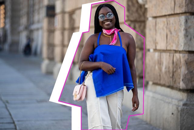 berlin, germany   july 21 lois opoku is seen wearing blue top and pants nada dehni, fendi sunglasses, furla bag, thomas rath kerchief on july 21, 2020 in berlin, germany photo by christian vieriggetty images