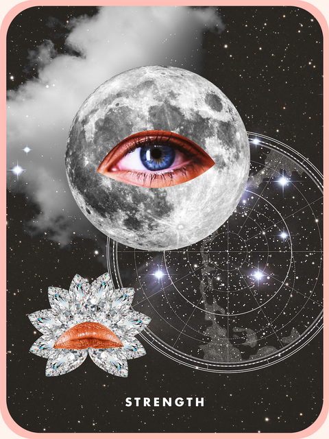 Tarot card strength, full moon eyes and diamond upside down lips pair, both in the starry sky