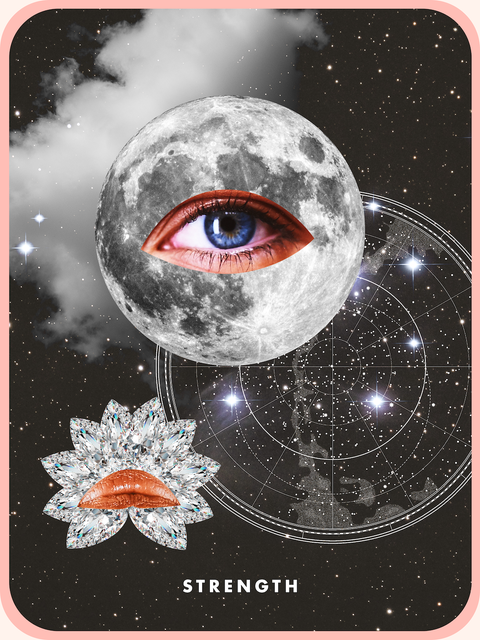 Strong tarot card Tarot card strength, full moon eyes and diamond upside down lips pair, both in the starry sky