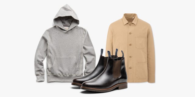 grey hoodie brown jacket brown leather boots