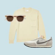 sunglasses, sweater, and nike waffle shoe