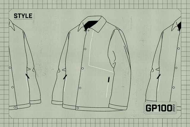 illustration of a jacket on a green background with a badge that says style and gp100 2023