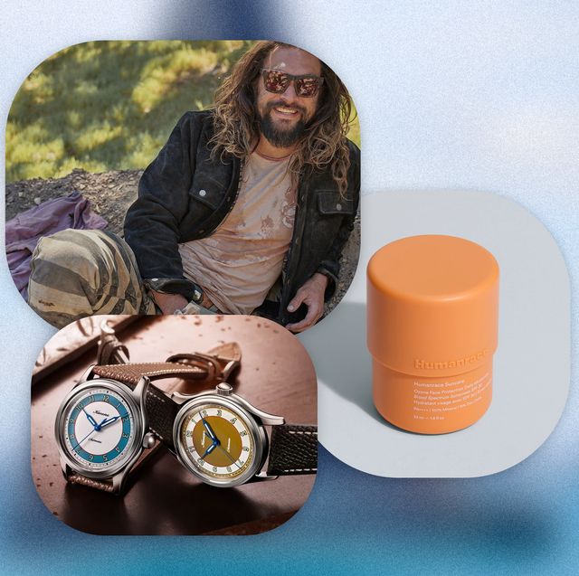 collage of jason momoa wearing the harley davidson ka paniolo jacket, two watches, and a face moisturizer