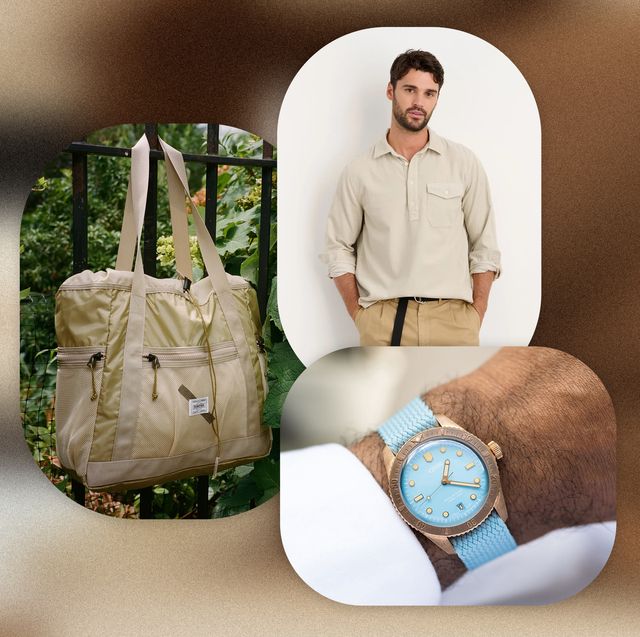 collage of a man wearing a long sleeve shirt, a blue watch, and a bag hanging on a fence