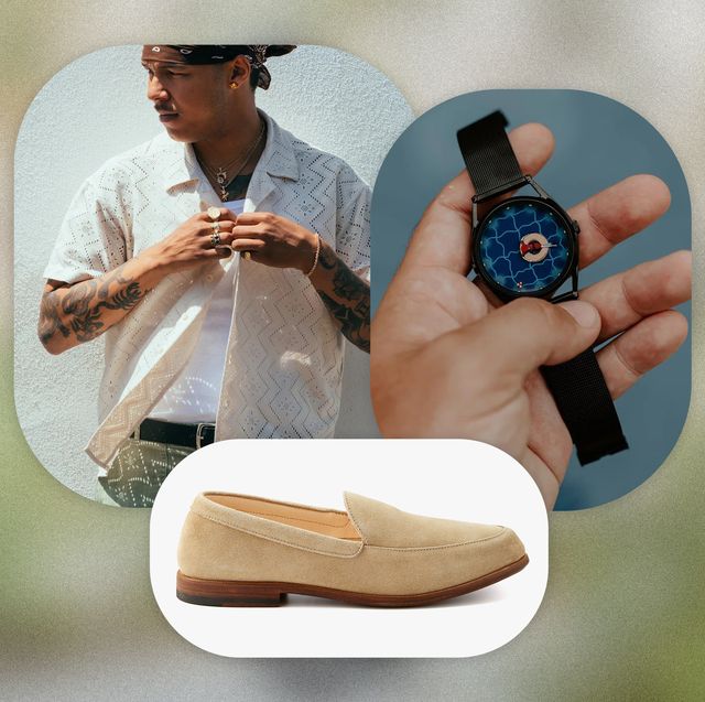 collage of man wearing a button down lace shirt, someone holding a watch, and a tan loafer shoe