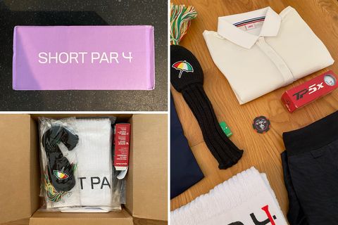 short par 4 subscription box, white polo and golf accessories
