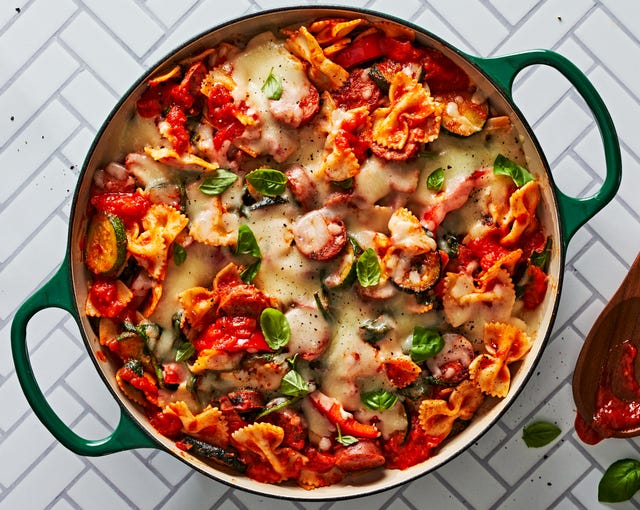 Summer Bowtie Pasta with Chicken Sausage Skillet Bake summer bowtie pasta with chicken skillet bake