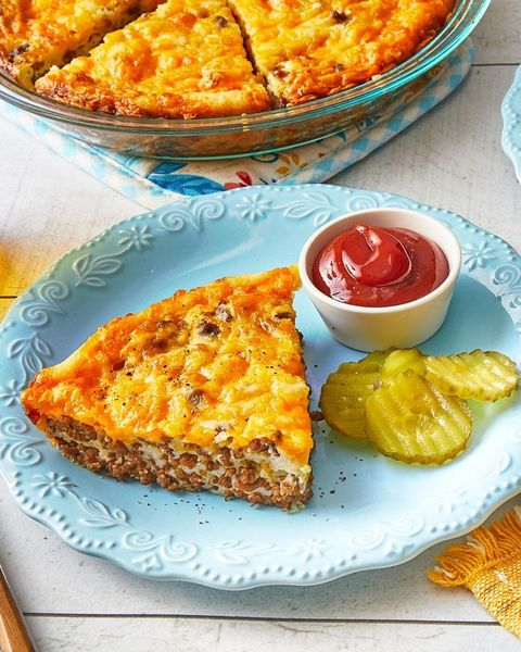 cheeseburger pie with ketchup and pickles