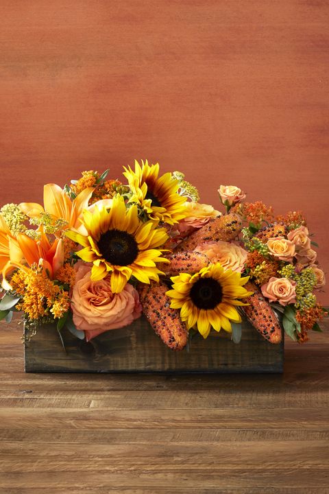 harvest box autumn flower arrangement