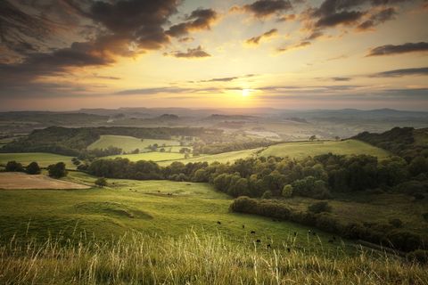 Sunset over the green hills countryside in England, Dorset