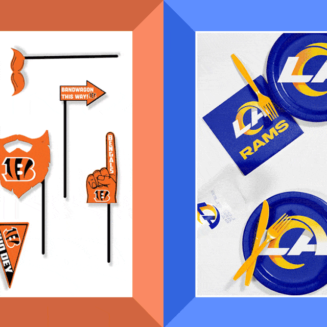 los angeles rams plates and napkins and cincinnati bengals photo booth props