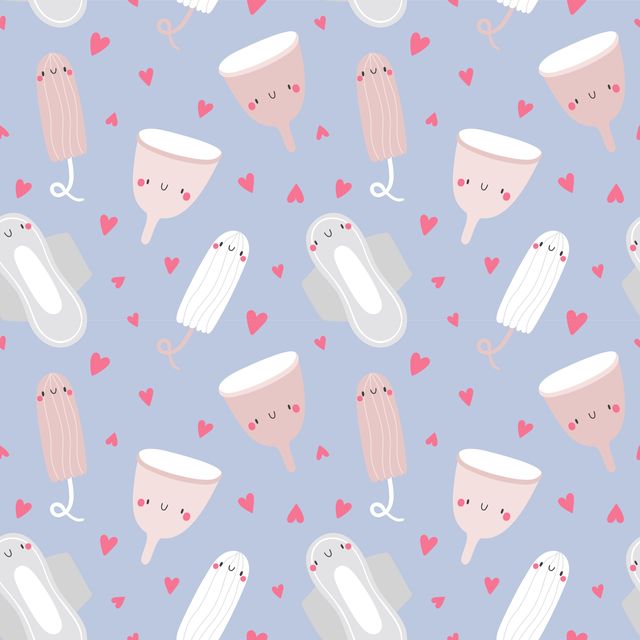 super cute vector texture with menstrual cups, pads, tampons and hearts