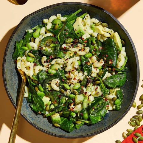 macaroni salad with spinach, edamame, pepitas, and avocado