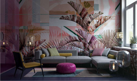 Living room with grey leather contemporary modular sofa and oversized palm print wallpaper