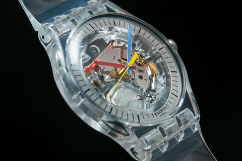 Close up of a quartz swatch watch