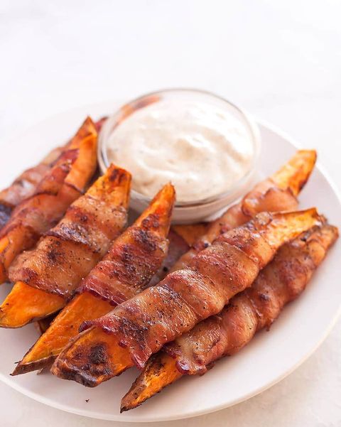 bacon wrapped sweet potato fries with dip