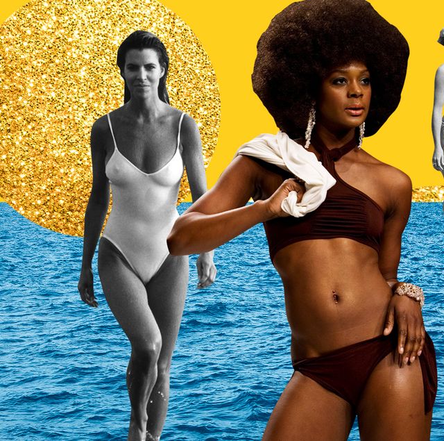 women posing in swimsuits on a collage background