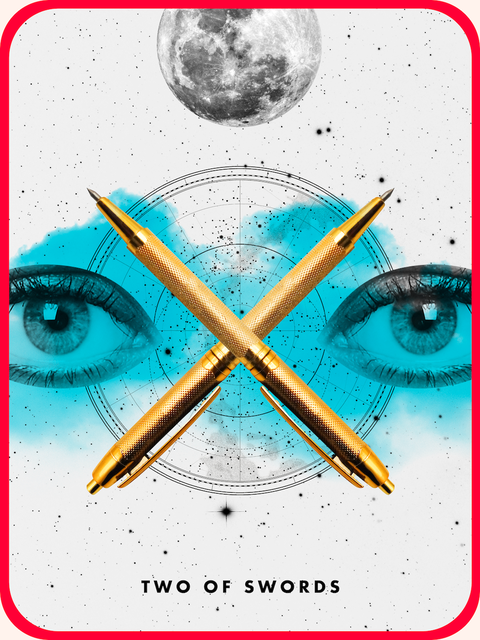 the two of swords tarot card, showing two pens in front of a pair of eyes