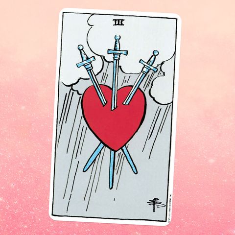 the Three of Swords tarot card, showing a red heart crossed by three swords, with a rainy sky behind