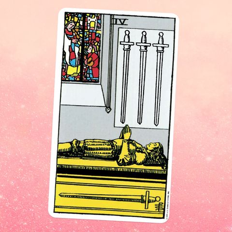 the Four of Swords tarot card, showing a person lying on a coffin in a church possibly dead with one sword below them and three above them