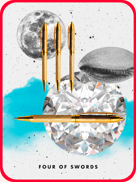 4 swords-Cosmo Tarot The tarot card is four swords, four gold pens lined with diamonds.