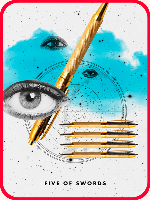 the cosmo tarot card the five of swords, showing five golden pens surrounded by eyes