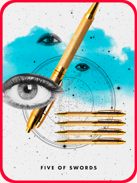 Five of Swords-Cosmo Tarot Cosmo Tarot Card Shows 5 swords, 5 golden pens surrounded by eyes