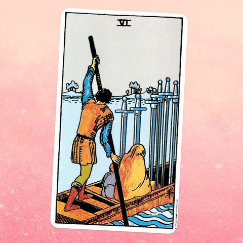 the tarot card the six of swords, showing an adult and a child seated in robes on a rowboat, with a person in a tunic standing behind them and sailing the boat there are six swords standing in the front of the boat