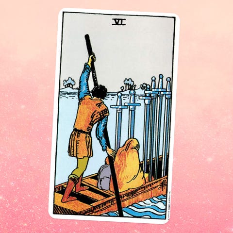 the tarot card the six of swords, showing an adult and a child seated in robes on a rowboat, with a person in a tunic standing behind them and sailing the boat there are six swords standing in the front of the boat