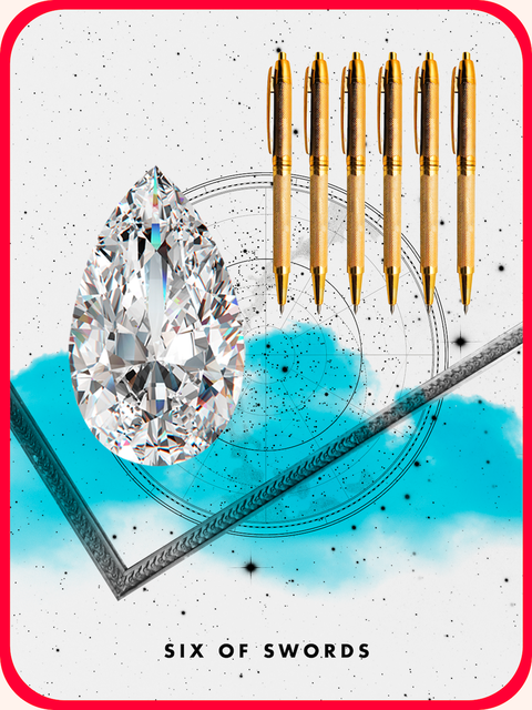 the Six Swords tarot card, showing six golden pens on a blue and white background with a diamond in the foreground