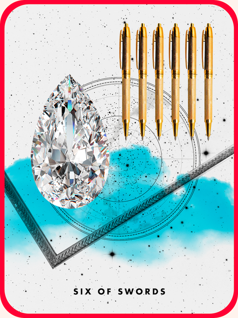 the Six Swords tarot card, showing six golden pens on a blue and white background with a diamond in the foreground