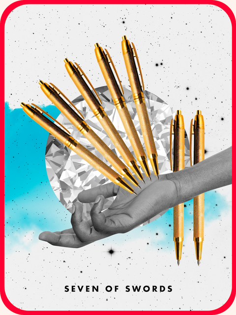 a hand holds seven golden pens on a diamond background