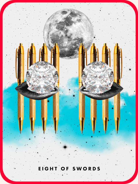 the Eight of Swords tarot card, showing eight gold pens behind cutouts of lips and diamonds