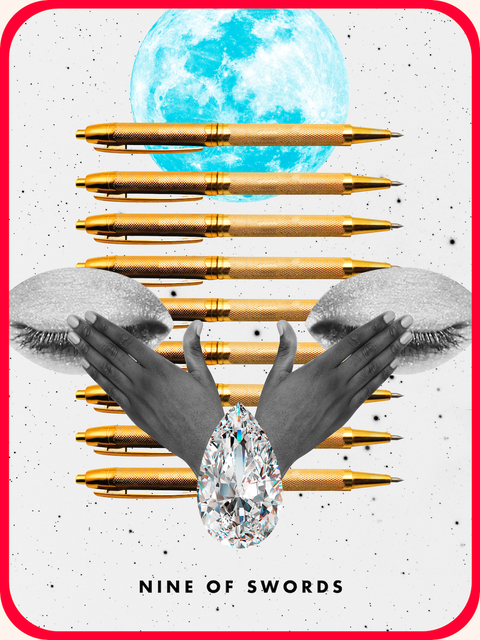 the tarot card the nine of swords, showing nine golden pens on a diamond