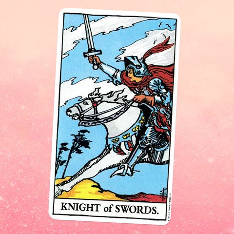 the tarot card The Knight of Swords, showing a knight in armor riding a galloping horse and holding his sword, as if going into battle