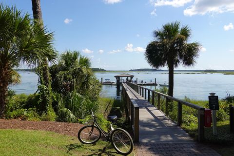 Bicycle, Tree, Palm tree, Vehicle, Bicycle wheel, Boardwalk, Sky, Walkway, Waterway, Shore, 
