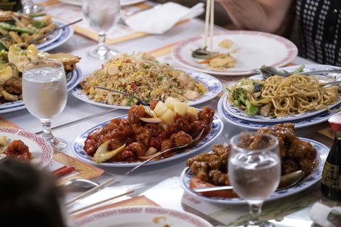 table full of chinese dishes