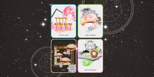 four tarot cards are laid in a square over a black starry sky