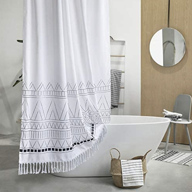 yokii tassel fabric shower curtain in white