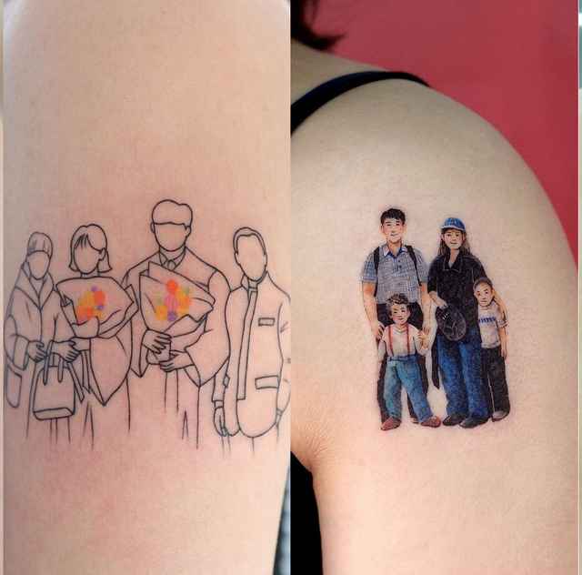 どんなときも一緒に 家族写真 をモチーフにしたタトゥーデザイン