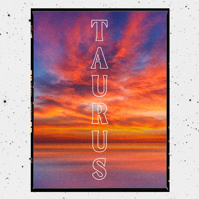 the word taurus in white letters is spelled vertically over a photo of a sunset over water
