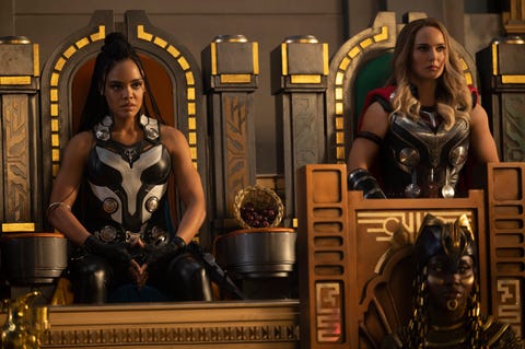 lr tessa thompson as valkyrie and natalie portman as mighty thor in marvel studios' thor love and thunder photo by jasin boland ©marvel studios 2022 all rights reserved