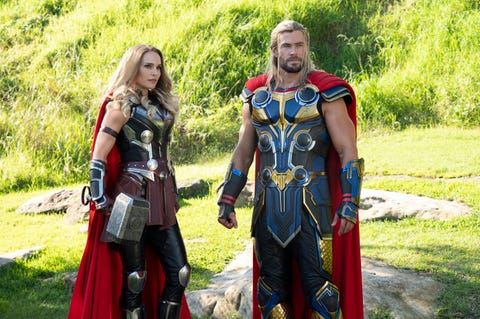 lr natalie portman as mighty thor and chris hemsworth as thor in marvel studios' thor love and thunder photo by jasin boland ©marvel studios 2022 all rights reserved