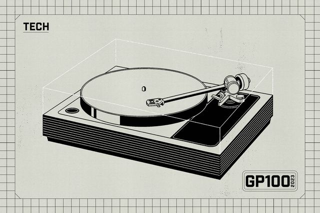 an illustration of a record player with a badge that says style and gp100 2023