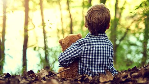 jongen met teddybeer in het bos