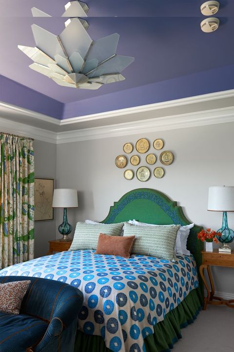 Bedroom, Room, Bed, Furniture, Ceiling, Wall, Green, Interior design, Blue, Property, 
