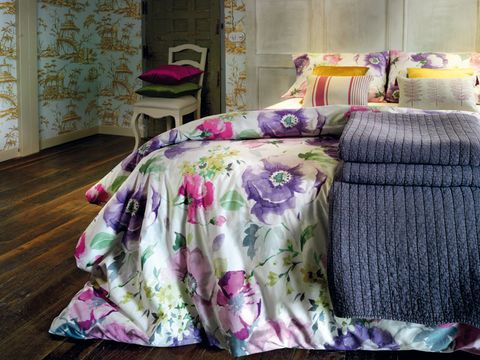 Bed sheet, Bedding, Purple, Pink, Textile, Violet, Room, Bed, Bedroom, Furniture, 